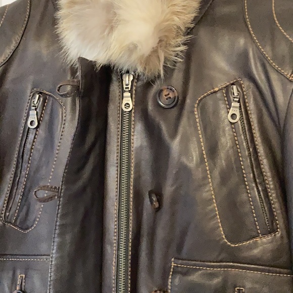 Chocolate Brown Leather Bomber Jacket w Fur Collar - Picture 5 of 10